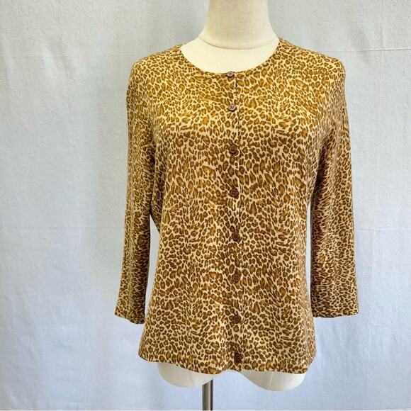 Garnet Hill merino wool leopard print 3/4 sleeve cardigan brown size medium - Picture 11 of 11